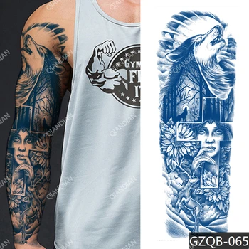 Полупостоянная наклейка для временной татуировки Wolf Sunflower Men Full Arm Juice Cool Big Cross Transfer, моющийся тотем