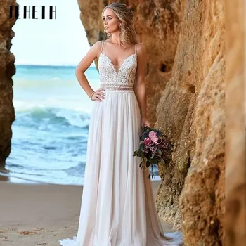 Простое шифоновое богемное свадебное платье с V-образным вырезом и открытой спиной, кружевная аппликация, пляжное свадебное платье без рукавов, Robe De Mariée