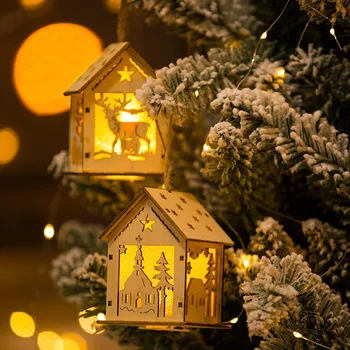 Рождественский Светодиодный Светильник Деревянный Дом Светящаяся Кабина Рождественские Украшения Для Дома Рождественская Елка Подвесной Орнамент Navidad 2023 Noel Decor
