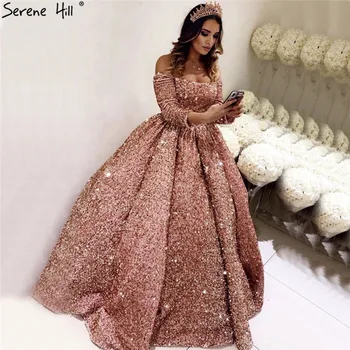 Роскошное Свадебное платье SERENE HILL Dubai из розового золота 2024 года с блестками и длинными рукавами на заказ CHA2304