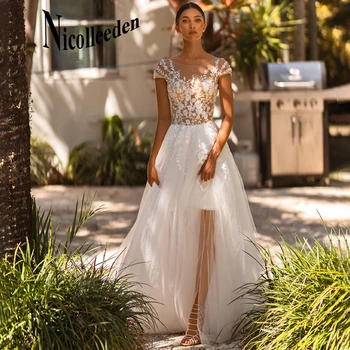 Свадебное платье Nicolle трапециевидной формы, большие размеры, женское Свадебное платье с застежкой-молнией и круглым вырезом, классические кружевные аппликации по индивидуальному заказу