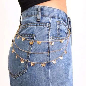Цепочка для женских брюк, многослойный пояс в стиле панк-хип-хоп, Поясная цепочка, модные украшения, Уличная бабочка цвета золотой полоски, Поясная цепочка