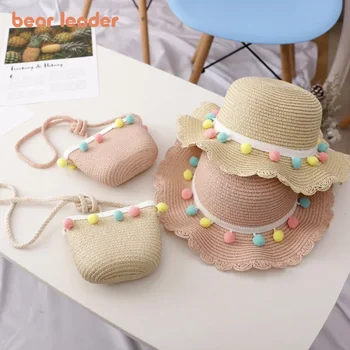 Шапка для девочки-медведя 2023, летняя кепка, дышащие соломенные шляпы, красочный шар, милая шляпа принцессы, Приморская с сумкой, детские шляпы от 2 до 6 лет