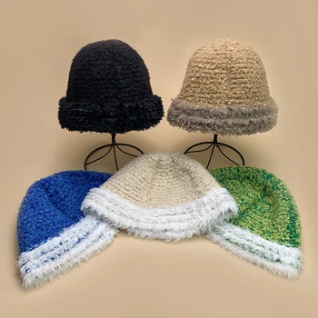 Шерстяные вязаные шапки-ведерки из цветного блока, хлопковые Теплые Новые женские Мужские модные Удобные Осенние и зимние Корейские уличные
