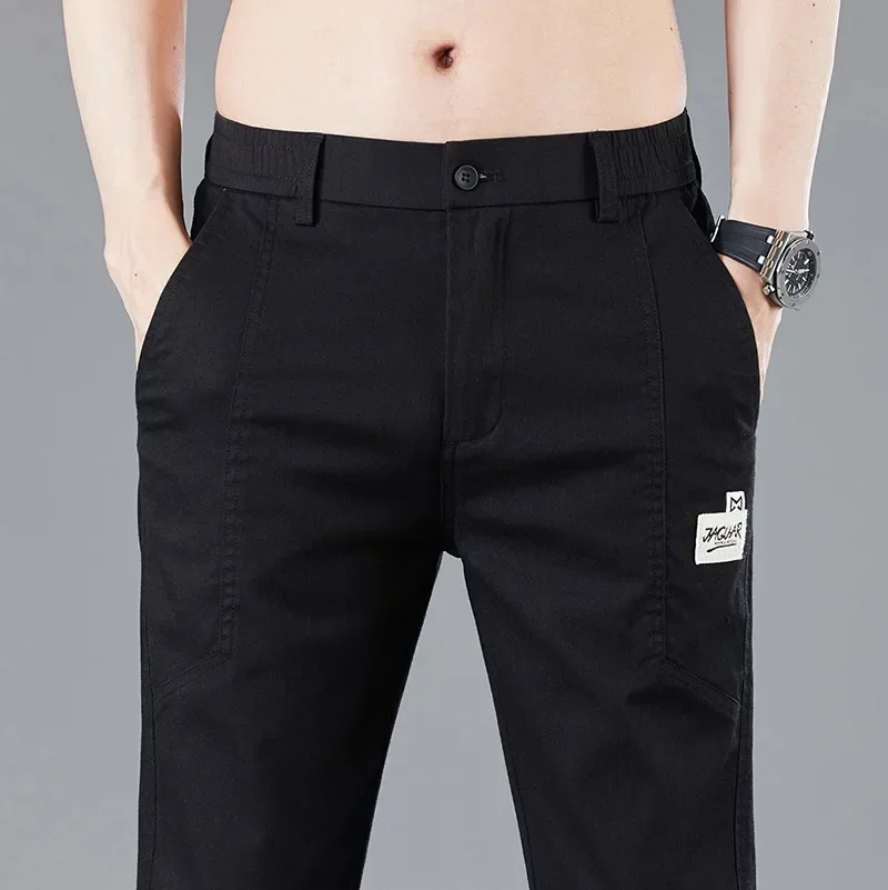 Весенне-летние мужские тонкие повседневные брюки с эластичной резинкой на талии, Корейские модные хлопковые стрейчевые деловые брюки, мужские серо-синие Изображение 1