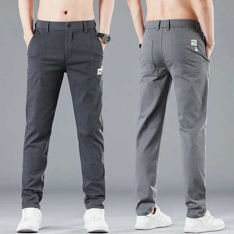 Весенне-летние мужские тонкие повседневные брюки с эластичной резинкой на талии, Корейские модные хлопковые стрейчевые деловые брюки, мужские серо-синие Изображение 4