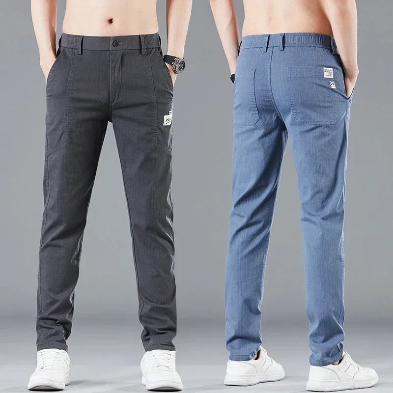 Весенне-летние мужские тонкие повседневные брюки с эластичной резинкой на талии, Корейские модные хлопковые стрейчевые деловые брюки, мужские серо-синие Изображение 5