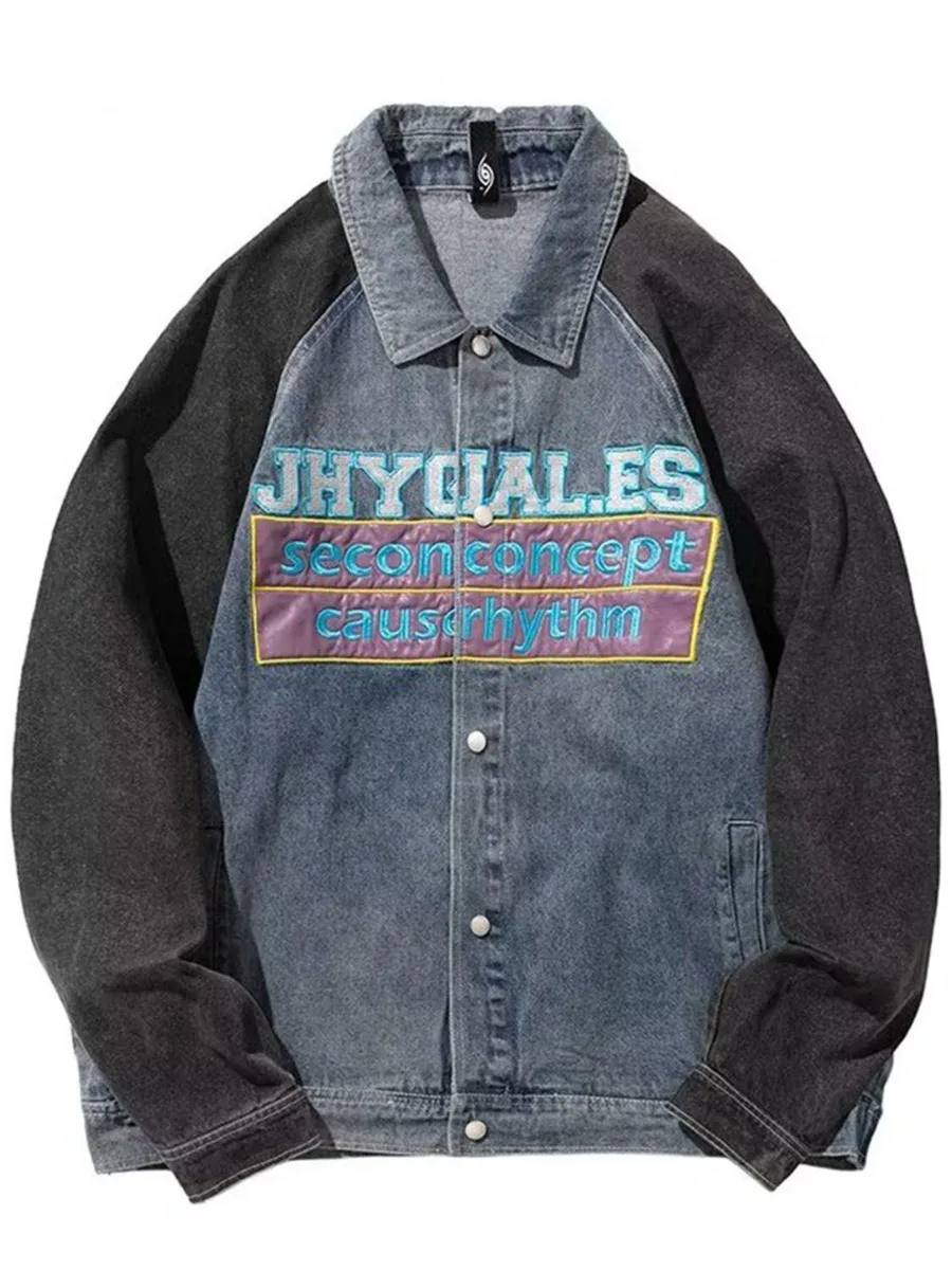 Джинсовое пальто с вышивкой буквами, Ковбойское мужское повседневное, уличная одежда в стиле хип-хоп, модное джинсовое пальто, весна-осень, винтажная верхняя одежда Изображение 0