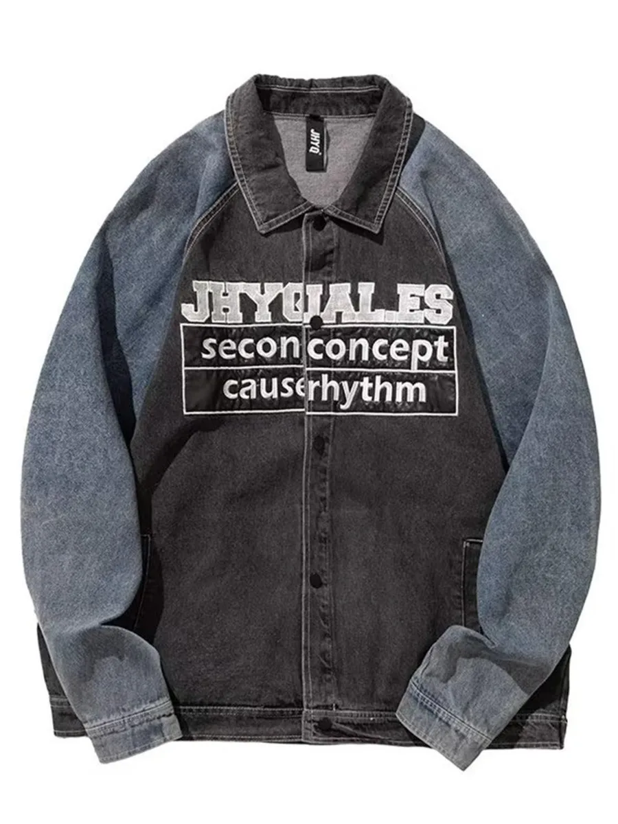 Джинсовое пальто с вышивкой буквами, Ковбойское мужское повседневное, уличная одежда в стиле хип-хоп, модное джинсовое пальто, весна-осень, винтажная верхняя одежда Изображение 1