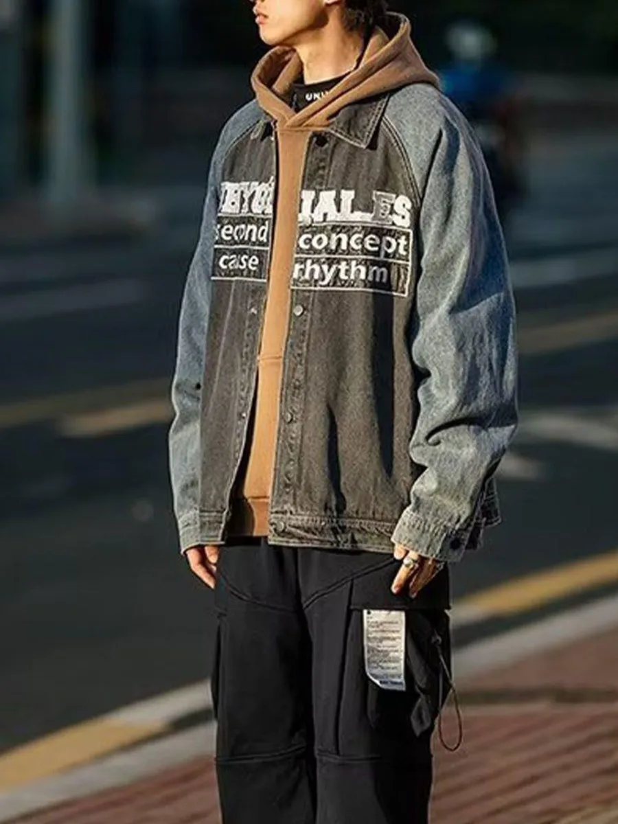 Джинсовое пальто с вышивкой буквами, Ковбойское мужское повседневное, уличная одежда в стиле хип-хоп, модное джинсовое пальто, весна-осень, винтажная верхняя одежда Изображение 4
