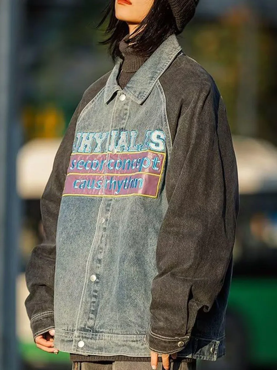 Джинсовое пальто с вышивкой буквами, Ковбойское мужское повседневное, уличная одежда в стиле хип-хоп, модное джинсовое пальто, весна-осень, винтажная верхняя одежда Изображение 5
