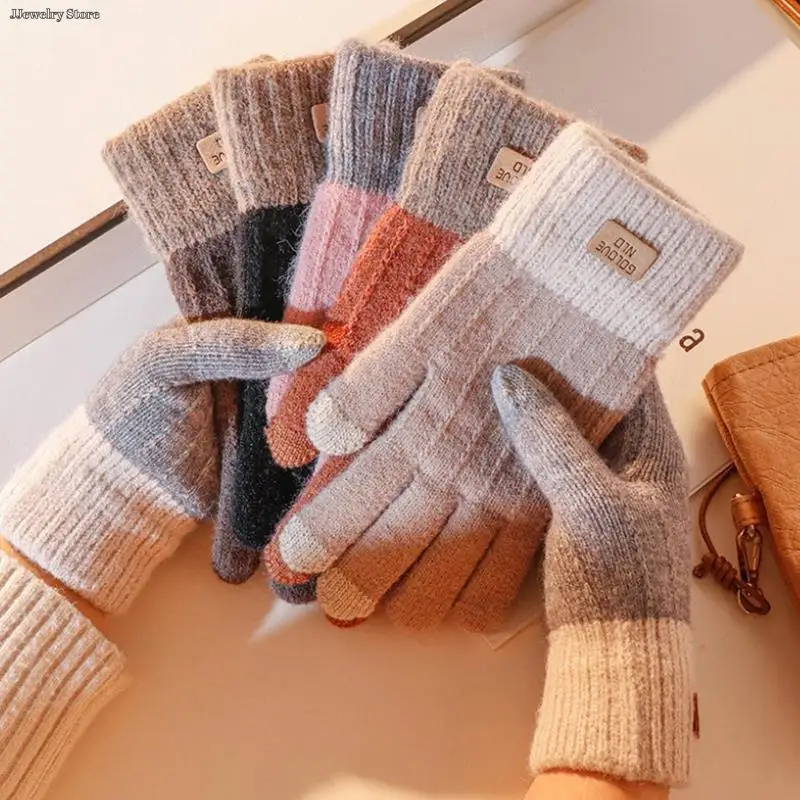 Женские Мужские Теплые Зимние перчатки с сенсорным экраном, Эластичные Вязаные Варежки, Шерстяные перчатки на полный палец, женские перчатки для вязания крючком Изображение 0