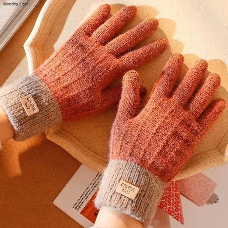 Женские Мужские Теплые Зимние перчатки с сенсорным экраном, Эластичные Вязаные Варежки, Шерстяные перчатки на полный палец, женские перчатки для вязания крючком Изображение 1