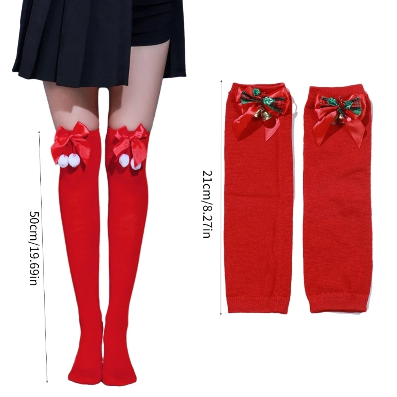 Рождественские вязаные перчатки с отверстием для большого пальца + носок до колена для рождественской вечеринки для женщин и девочек Изображение 5