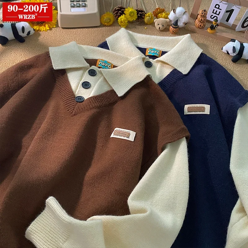 Толстый мм поддельный свитер из двух частей, женский дизайнерский стиль, небольшое количество, осенне-зимнее новое вязаное пальто со свободным воротником поло, большой Изображение 0