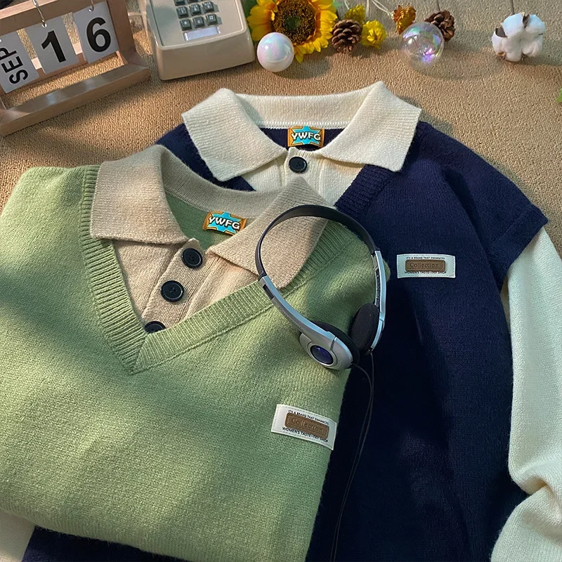 Толстый мм поддельный свитер из двух частей, женский дизайнерский стиль, небольшое количество, осенне-зимнее новое вязаное пальто со свободным воротником поло, большой Изображение 2