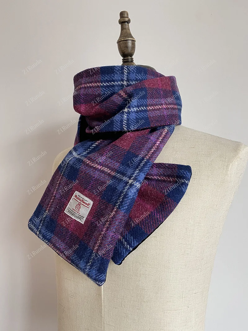 Фиолетовый клетчатый шарф из 100% чистой шерсти Harris Winter Thicken, Ветрозащитный тепловой шарф Изображение 4